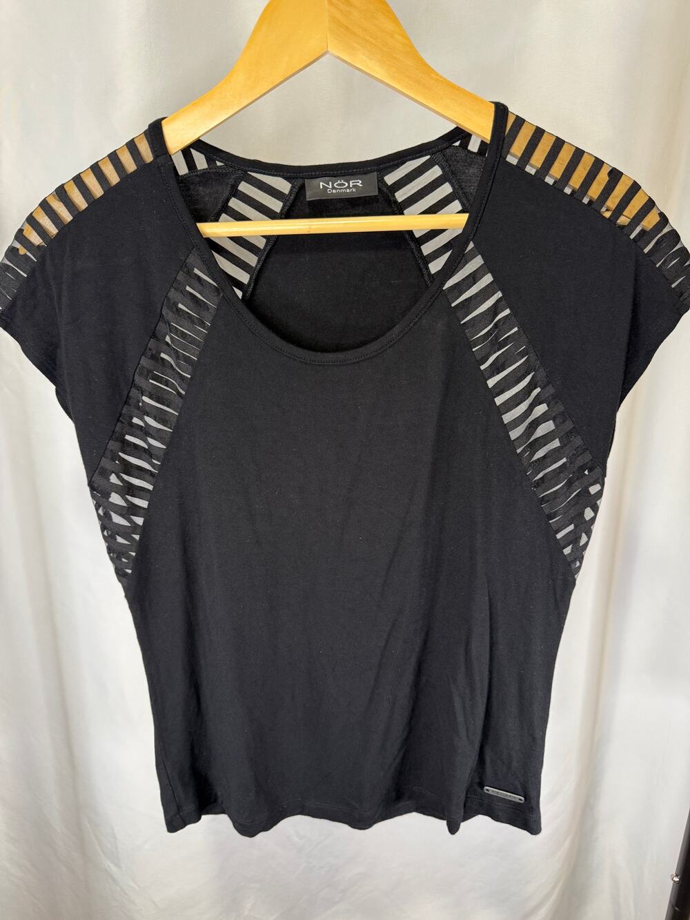 NÖR Denmark Women’s Size Small Black Gray Sheer Stripe Cutout Short Sleeve Top